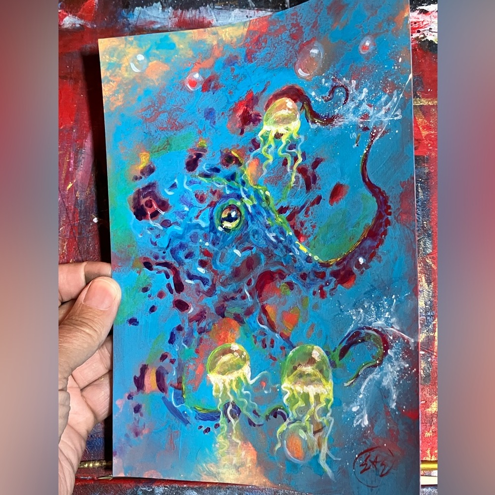 Original painting octopus jelly fish art ocean nature surreal Artettina USA - Picture 4 of 7